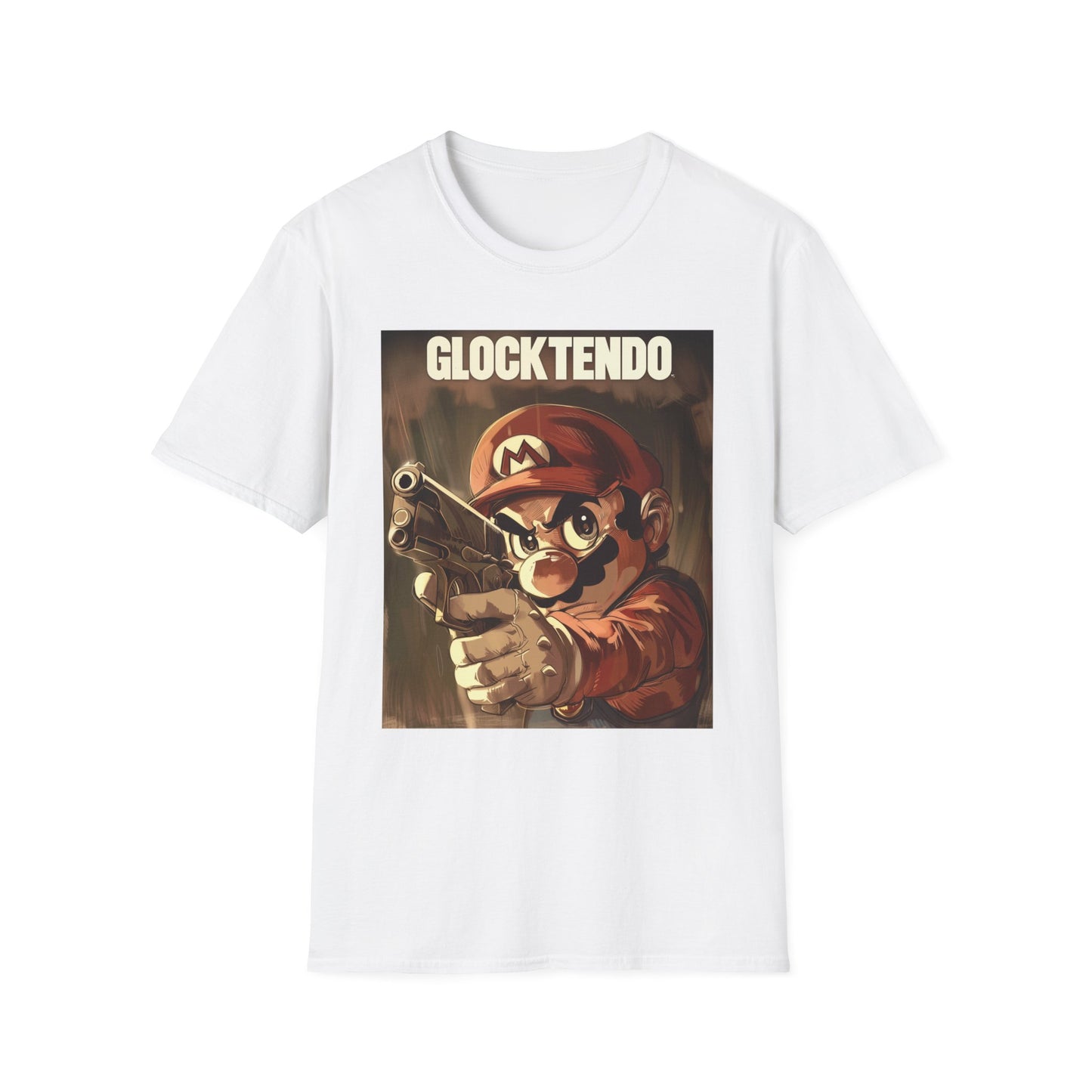 Funny Super M Plumber Graphic Tee "Glocktendo", Holding Gun, Unisex